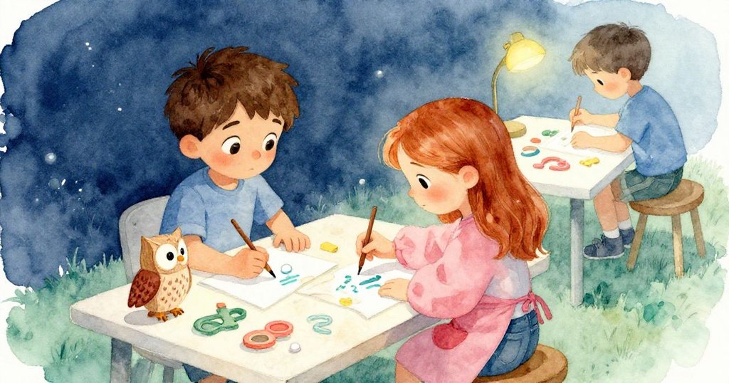 Holly專注於桌上畫木質貓頭鷹，Tobias在背景尋找零件，整個工作空間充滿創意氛圍，視角俯瞰清晰。