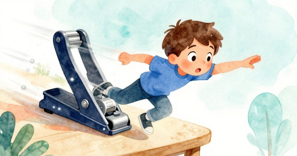 Tobias驚訝迅速伸手抓取滑動的小夾子，膠水滴釋放瞬間，桌面光影閃爍，動感十足。