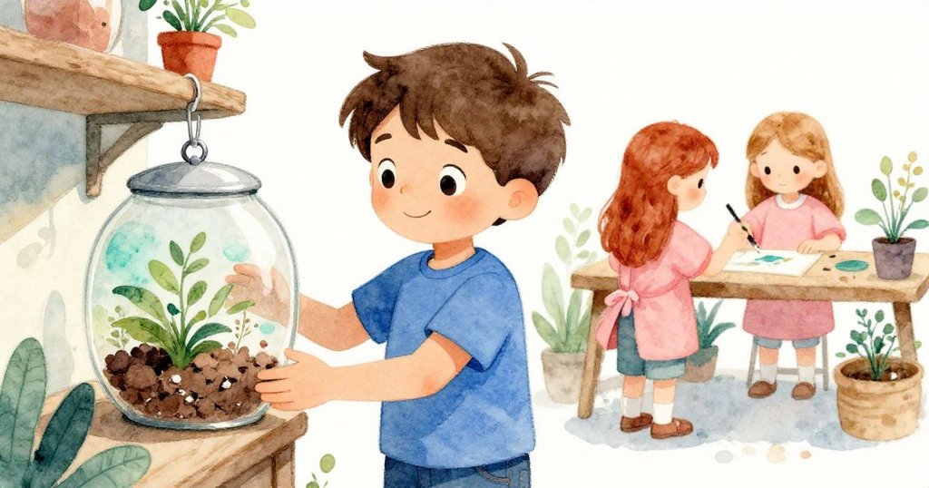 Tobias滿意舉起修好的玻璃箱，Holly在背景專心畫畫，燈光柔和，場面溫暖告別，修補成功完美呈現。