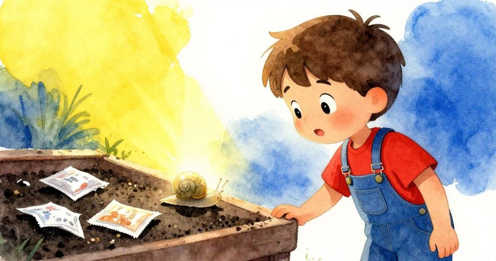 山姆在晨曦中走向植栽檯,注視著緩慢爬行的淡色蝸牛,桌面散亂著破損種子包,充滿好奇與期待。