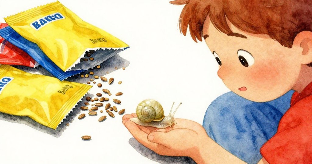 山姆的手輕觸著散亂移動的小種子,近鏡展現破損種子包紋理及蝸牛留下一道閃光油跡,細膩而溫暖。