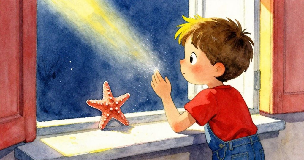 山姆在室內明亮窗台前,驚喜地注視著窗邊乾枯海星,溫暖陽光下塵埃飄浮,喚起懷舊海邊回憶。