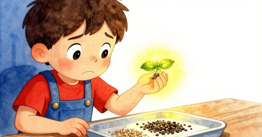 山姆在工作檯前仔細分類混合種子,臉上流露出猶豫與堅定,近鏡捕捉手持發光羅勒種子瞬間,情緒緊繃。