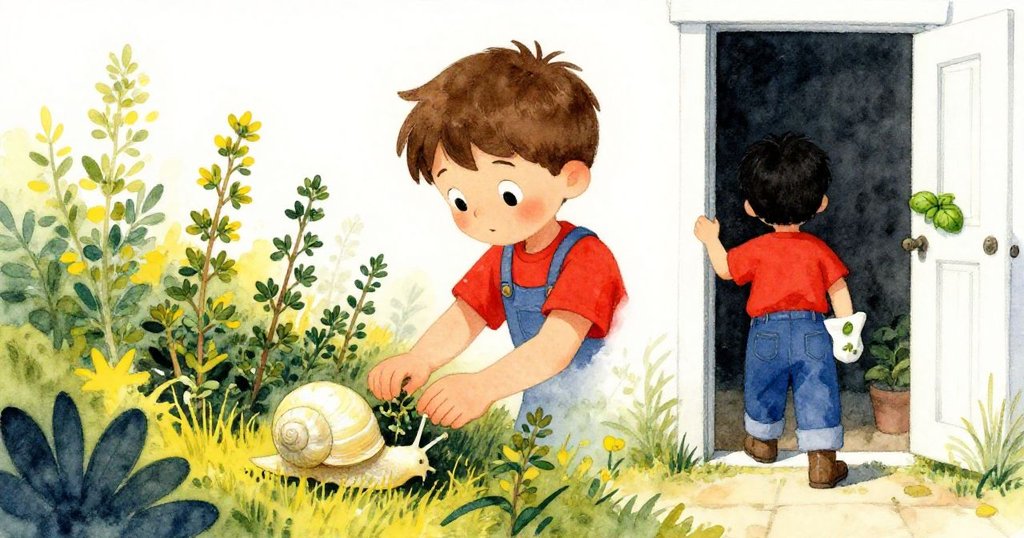 山姆溫柔地將淡色蝸牛放置於百里香間,走出開放的門口,襯衫袖上沾著一粒羅勒種子,平靜滿足。