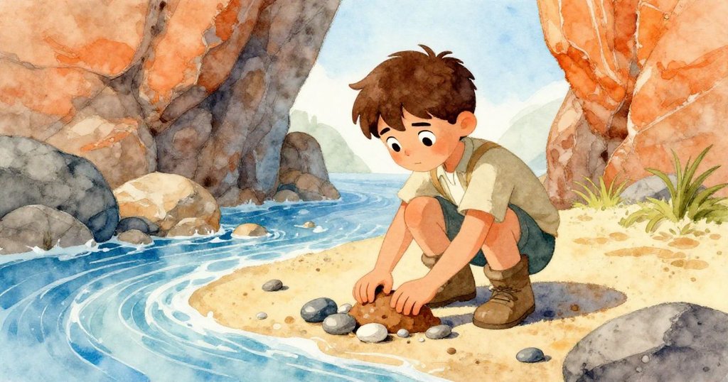 Ned在河邊沙灘上忙著用卵石與泥土築壩,背景有岩石與激流,神情專注充滿期待。