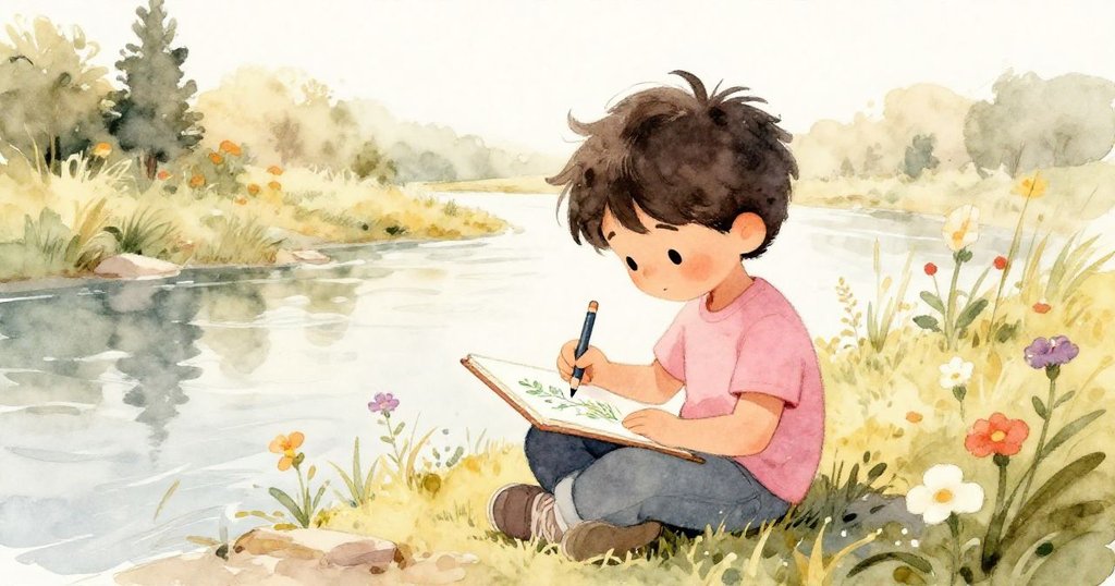 Cruz在上游河邊靜坐,專注描繪野花與流水,畫筆隨心筆動,環境充滿自然柔和光影。