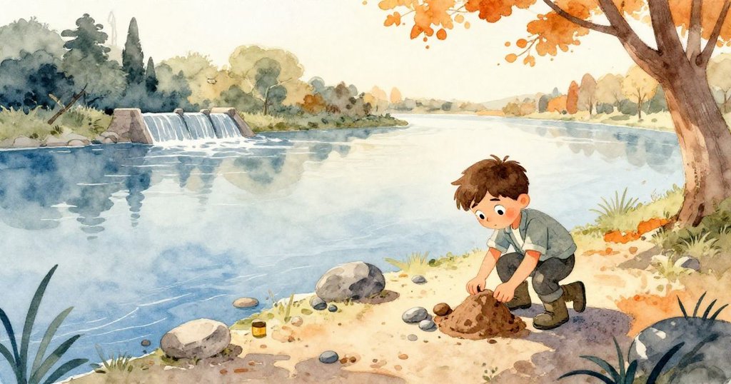 樹影隨涼爽光線在河面上流動,Ned在夕陽餘暉中忙著堆砌石塊與泥土,環境靜謐而富有層次。