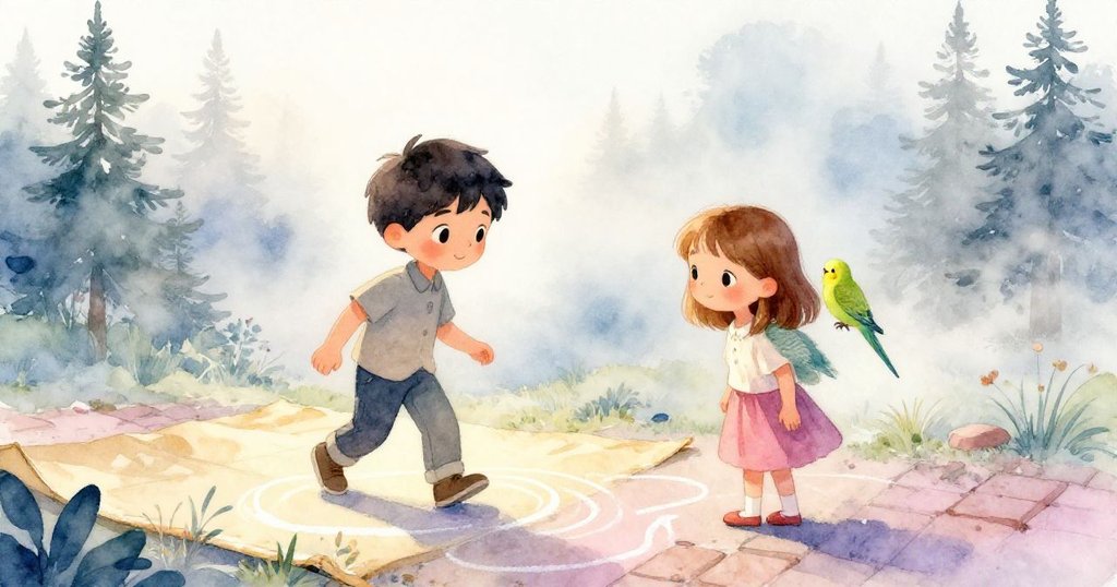 Dante輕步踏上曬暖的帆布，Eve用粉筆畫弧線，小鸚鵡在肩旁跳動，晨霧中磚牆與光線柔和，展現故事開始。