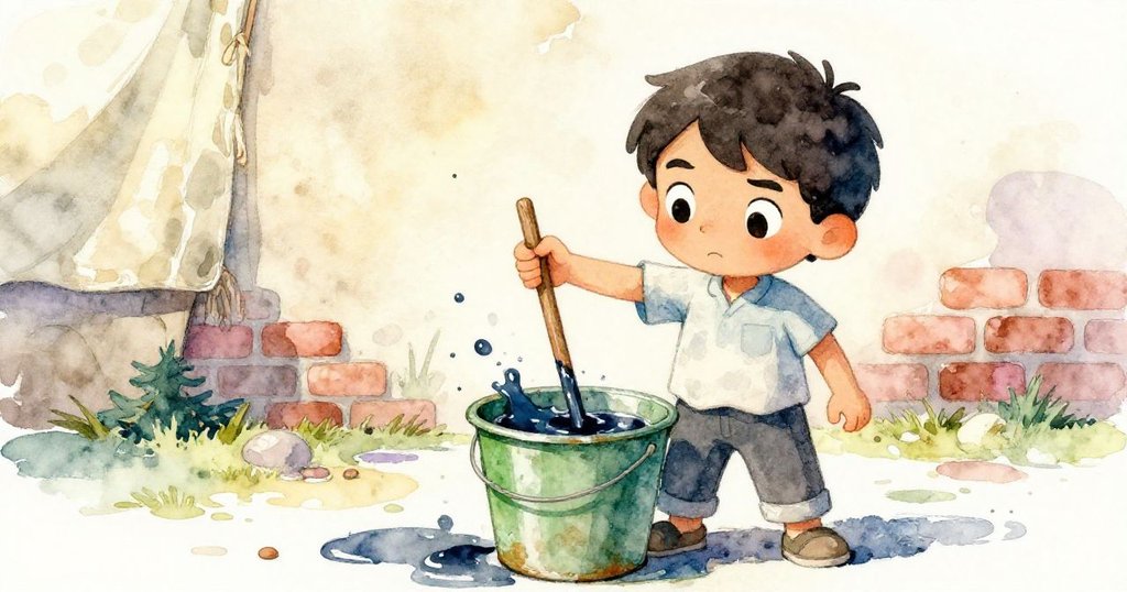 Dante以低角度專注攪拌破損桶中漆料，濃暗液體流出，背景展現暖帆布與磚牆細節，呈現決心。