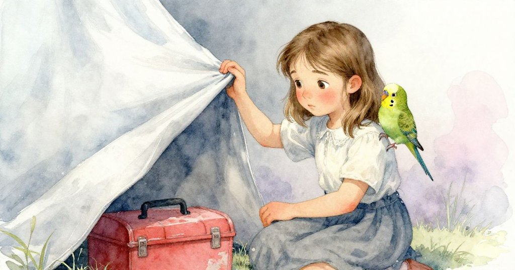 Eve輕提帆布一角調整漆流，隱藏暗紅工具箱顯露無遺，小鸚鵡在肩好奇旁觀，氣氛沉靜。