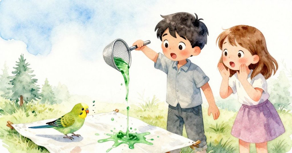 綠色漆絲經網狀篩子噴射濺落於帆布上，Dante傾倒漆料，Eve驚訝望向漆滴，小鸚鵡好奇啄食，動感十足。