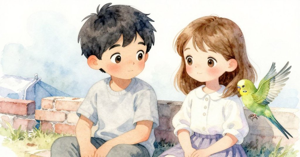 Dante與Eve靜思休憩，Eve懷中小鸚鵡輕舞袖間，背景呈現柔和帆布漆痕與逐漸暗淡光線，故事落幕寧靜。