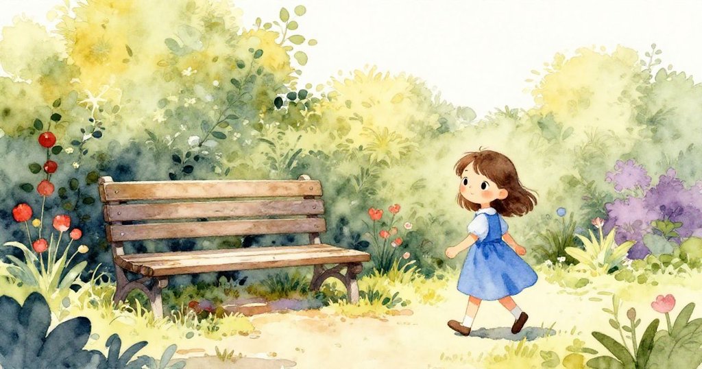 艾薇在陽光花園中走向石板,背景是輕輕搖曳的樹籬,展現出冒險開始的期待與喜悅情緒。