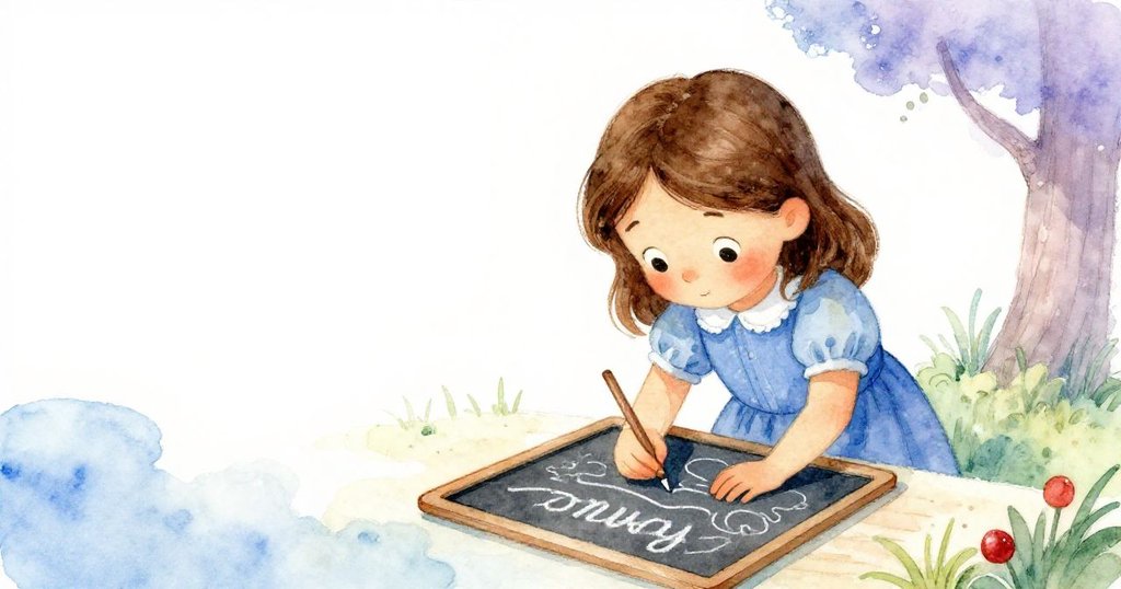 艾薇俯身於石板前,空蕩背景襯出石上細微的粉筆痕跡,神情專注中透露著思索與期待。