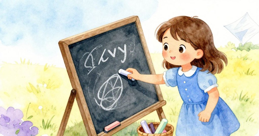 艾薇在花園長椅旁用粉筆專注繪畫,旁邊籃子中取出新粉筆,而輕風中筆記本悄然飄動,展現創作緊張與美妙。