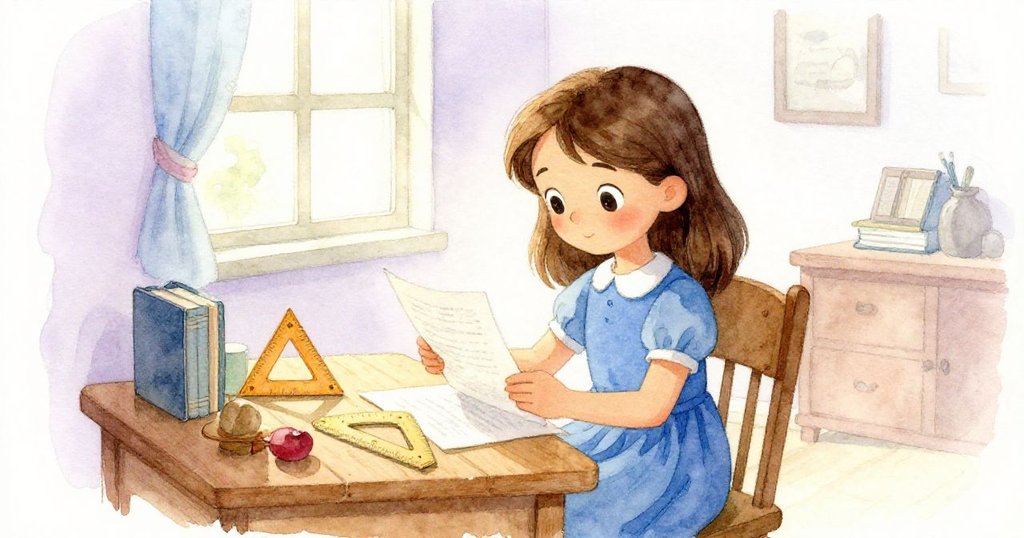 艾薇進入溫馨書房,桌上擺放著筆記本和量角器,柔和燈光映出她專注審視記錄的溫暖情懷。