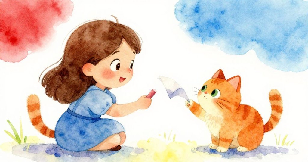 艾薇微笑著停下創作,一隻橙色小貓好奇湊近粉筆,筆記本輕輕飄動,充滿溫馨互動的快樂時光。