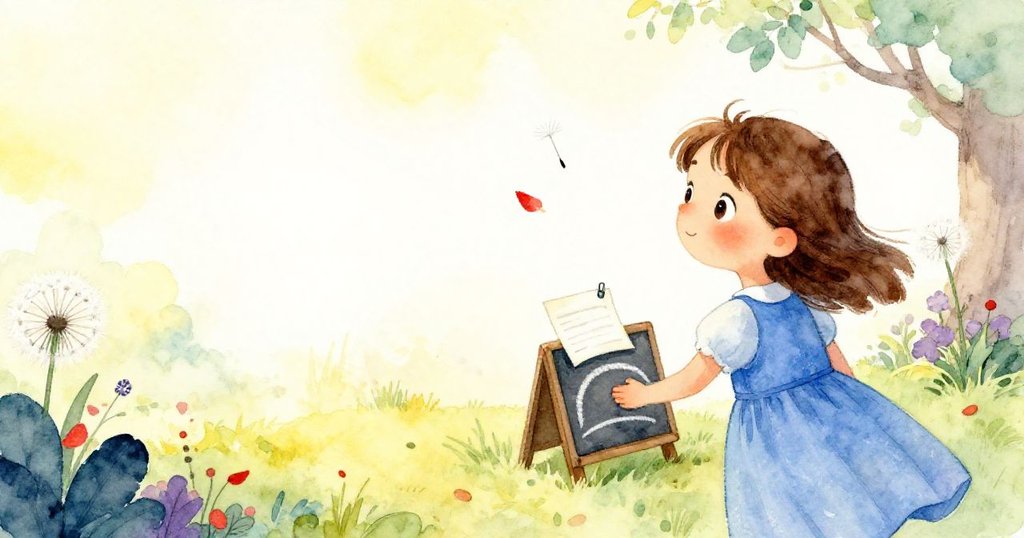 艾薇滿懷欣慰地退後欣賞石板上持續留存的粉筆弧線,微風吹拂下,紅花瓣與蒲公英籽緩緩飄落,畫面溫馨完結。