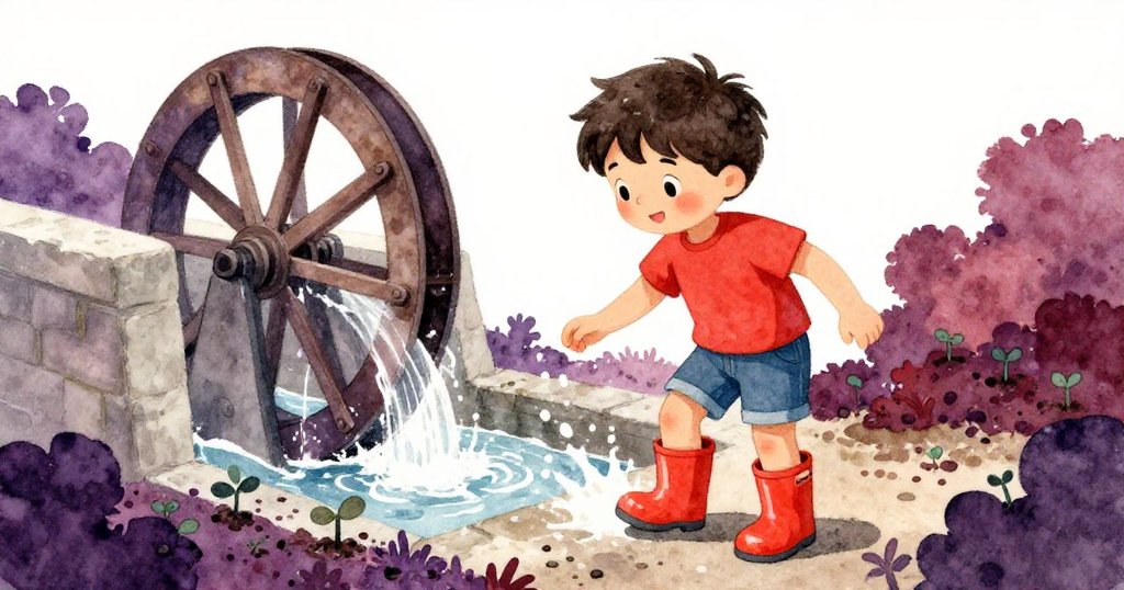 Griffon在水閘邊穿著橡膠靴歡快濺起水花，旁邊轉動的水輪與花園幼苗形成鮮明對比。