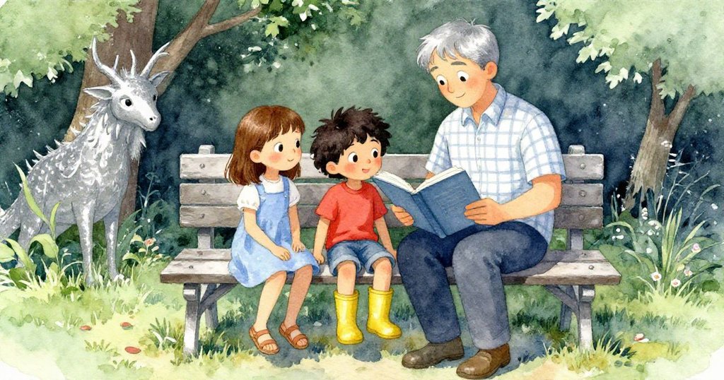 Gareth坐在花園長椅上閱讀平裝書，同時溫柔注視著遠處玩耍的Kira和Griffon，環境充滿自然光。