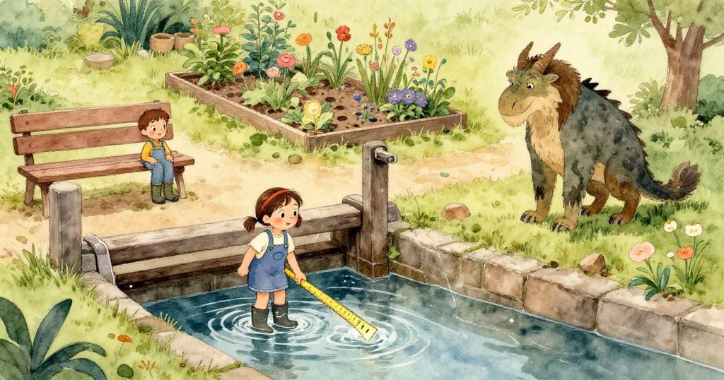 水流噴射向木輪，散發著琥珀色飛濺，測量桿在強勁水勢下顫動，場景充滿動感與細節。