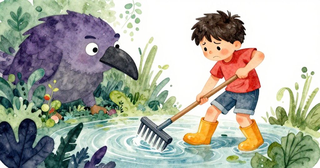 Griffon在流水中用耙子拖拽，樹葉纏繞中顯露出努力與憂慮的表情，角度偏斜增加動態感。