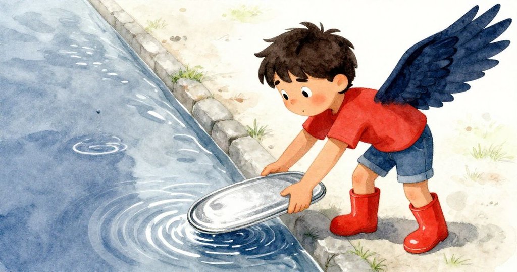 Griffon小心地在水渠中滑入備用木板，金屬蓋子旋轉彈跳，溫暖光線下展現出和諧與新生的遠景。