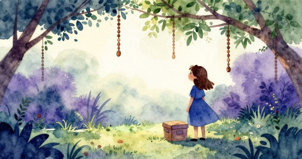 梅在樹蔭下靠近供應箱，木珠隨風擺動，背景呈現午夜藍與深紫色調，充滿期待與神秘感。