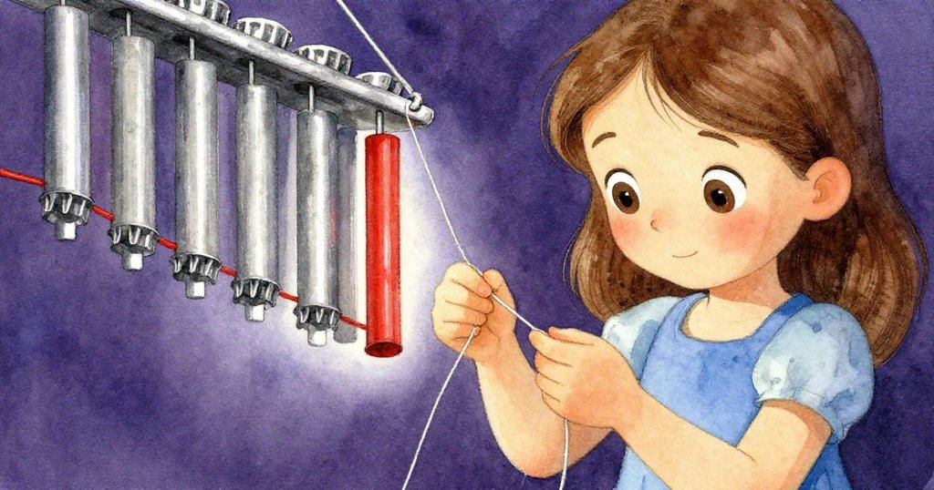 梅專注穿線製作瓶蓋風鈴，臉上流露堅定與喜悅，背景呈現深紫與銀色光影，細節豐富。