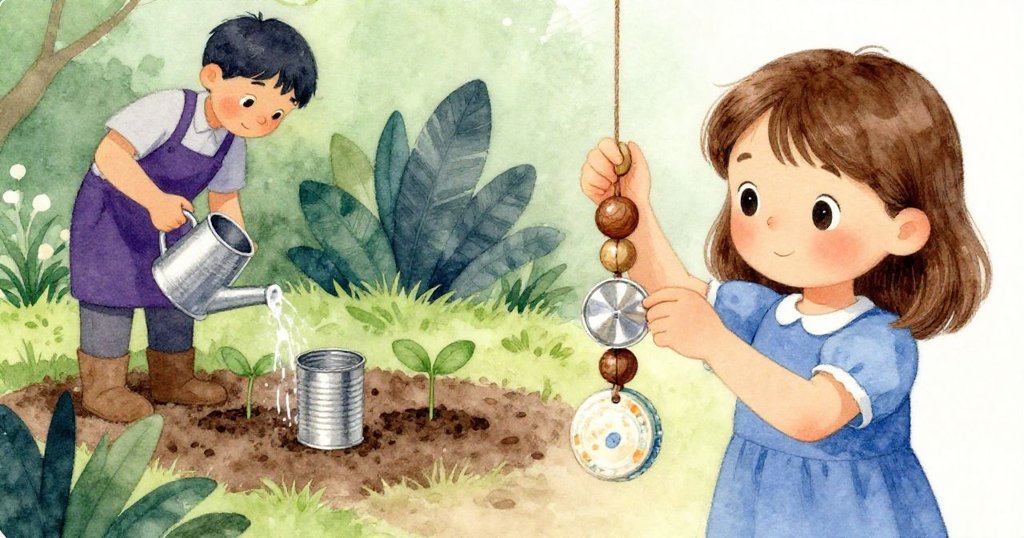 梅在調整風鈴結繩，木珠、陶盤輕微移動，背景中園丁澆灌幼苗，層次分明呈現自然與創意融合。