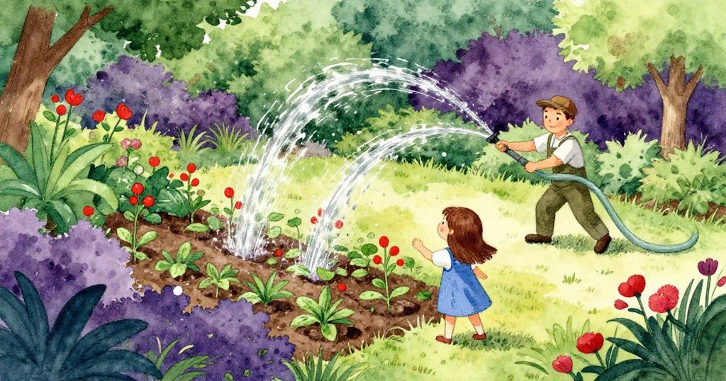 從高處俯瞰花園，園丁用水管澆灌噴灑幼苗，梅從下方注視動態景致，色彩融合深紫、森林綠與赤紅。