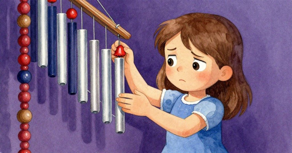 風勢加強使風鈴錯亂，梅皺眉緊握細繩調整，瓶蓋旋轉失常，場景充滿深紫與赤紅的緊張氣氛。