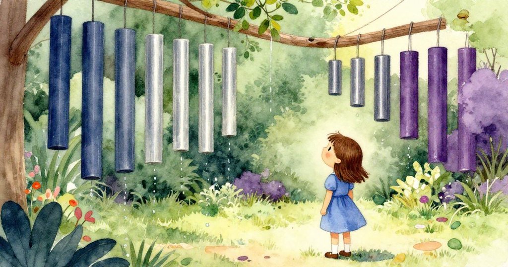 風鈴恢復寧靜，園丁澆完水後靜觀梅凝視和諧風鈴，滴水聲中呈現創作完成與安心情緒。