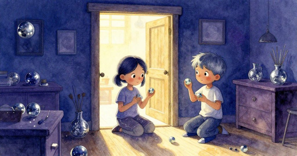 Tamsin 穿著簡單服裝站在溫暖工藝室門口，指向排列整齊的玻璃彈珠，Kit跟隨著走進房間，臉上滿是興奮。