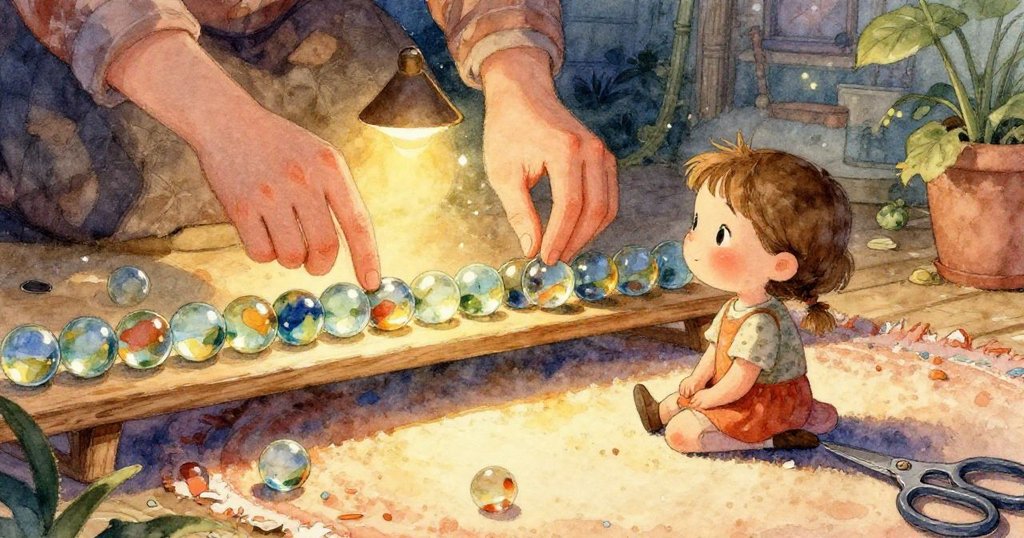 Kit 的小手以魚眼效果壓入木楔子，使紙板管微微彎曲，他的神情中流露出堅定與專注。