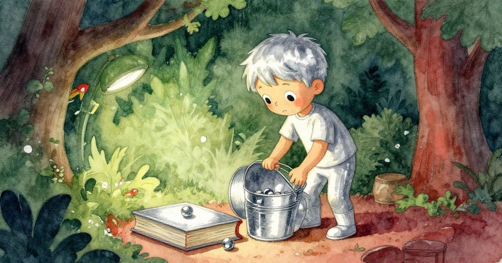 Kit 小心翼翼地將金屬桶往後推藏在精裝書後面，以防彈珠散落，臉上充滿專注與謹慎。