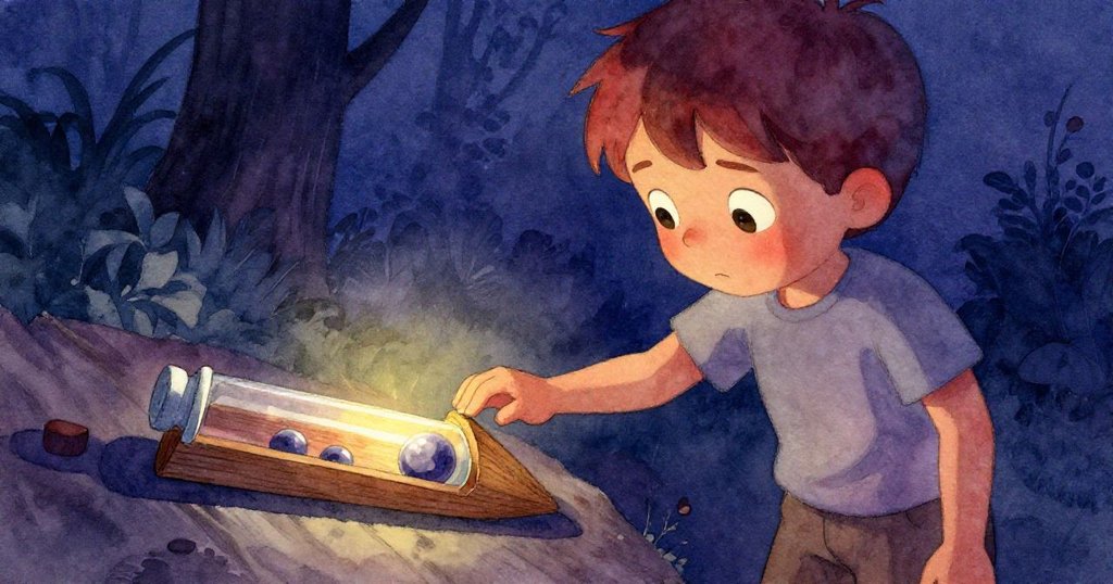 Kit 面對黯淡管內停滯的彈珠，手中楔子停留，他的表情透露出猶豫與深思，現場光影靜謐。