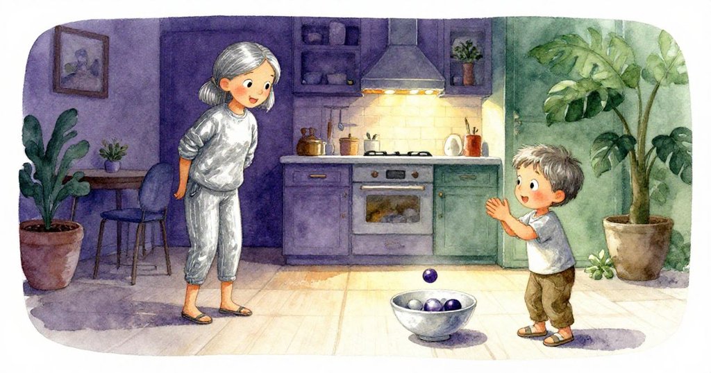 Kit 歡欣拍手，彈珠入碗後與Tamsin一起走向溫暖的廚房，空曠房間中燈光柔和，展現新的冒險開始。