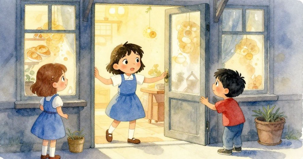 Eli在溫暖氣息中輕推玻璃門,Cleo滿臉驚奇地注視,室內空間留有廣闊負空間,氣氛溫馨而柔和。