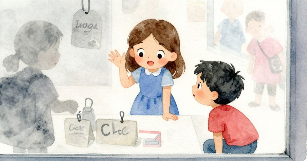 透過霧氣重重的玻璃觀察,Eli向前探身,Cleo蹲身仔細辨認展示櫃上模糊的手寫牌,表情中透露出堅定與好奇。