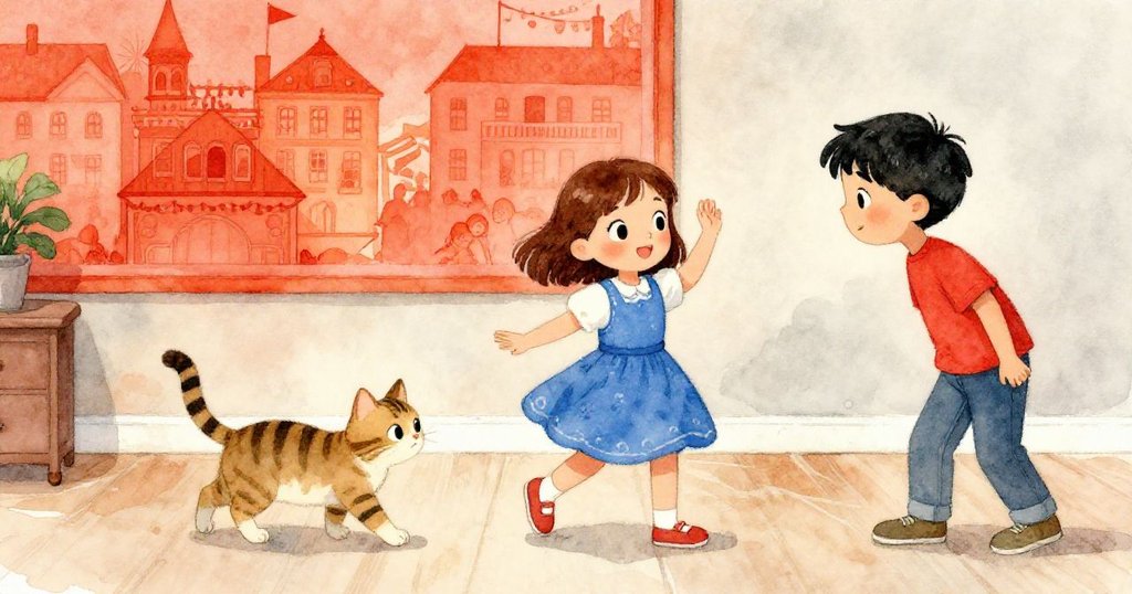 在室內過渡空間中,條紋貓靈活地穿梭在Cleo與Eli的腳邊,背景中牆上斑駁的節日海報流露出溫暖而動感的氛圍。