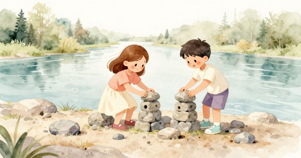 Gwen與Trent在河畔石堆上忙碌組石,眼神專注環境寧靜自然,展現初始冒險情境。