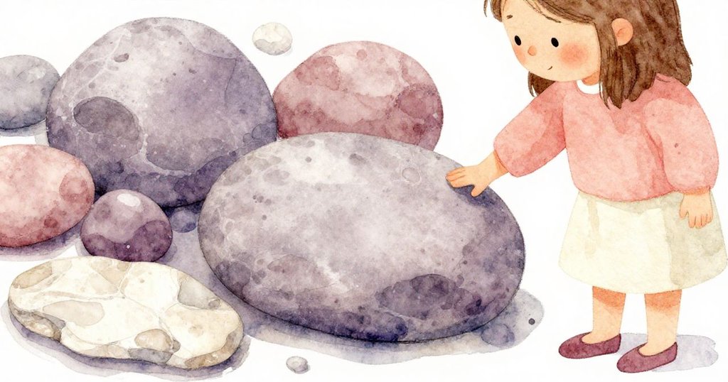 Gwen專注觸摸石塊近拍,呈現卵形、燧石及頁岩的細緻質感,光影柔和溫馨。