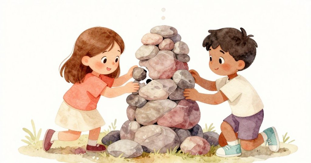 Gwen發現卵石夾於石塔下傾,Trent立刻支撐,兩人專注解決問題,表情兼具緊張與認真。