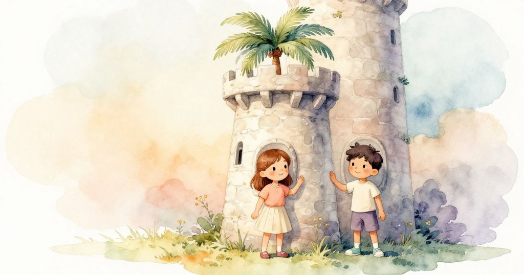 Gwen與Trent在完成合力石塔後回望,塔頂卵形石熠熠生輝,兩人流露出滿足與欣慰笑容,背景河水輕漣。