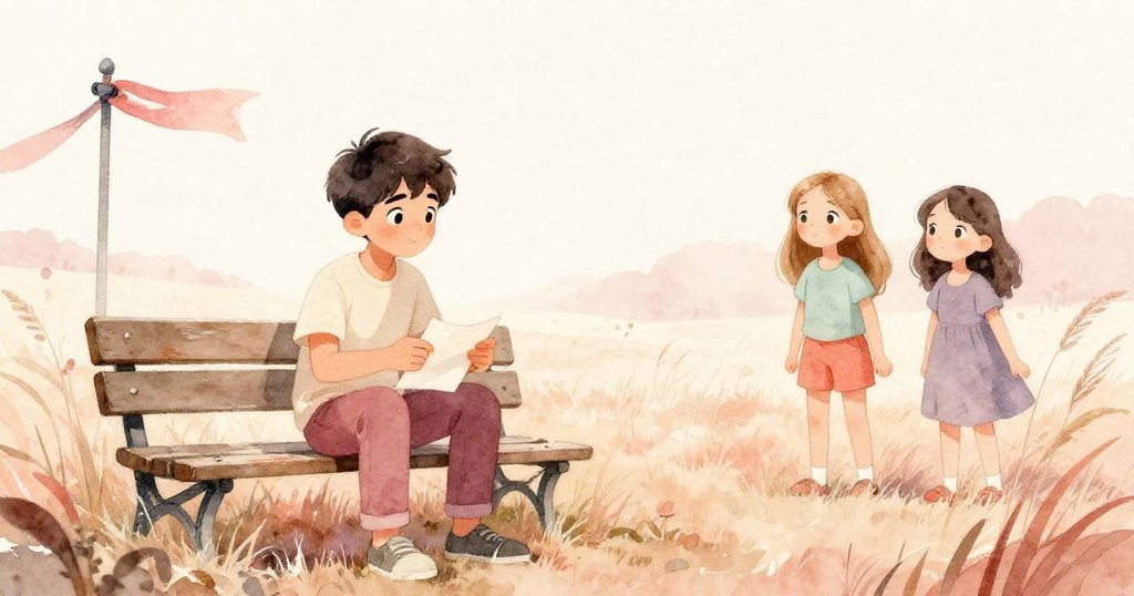 在明亮田野中,Grant在夾著紙張,Luna和Pearl站在風中,草隨風擺動,展現美好早晨開始。