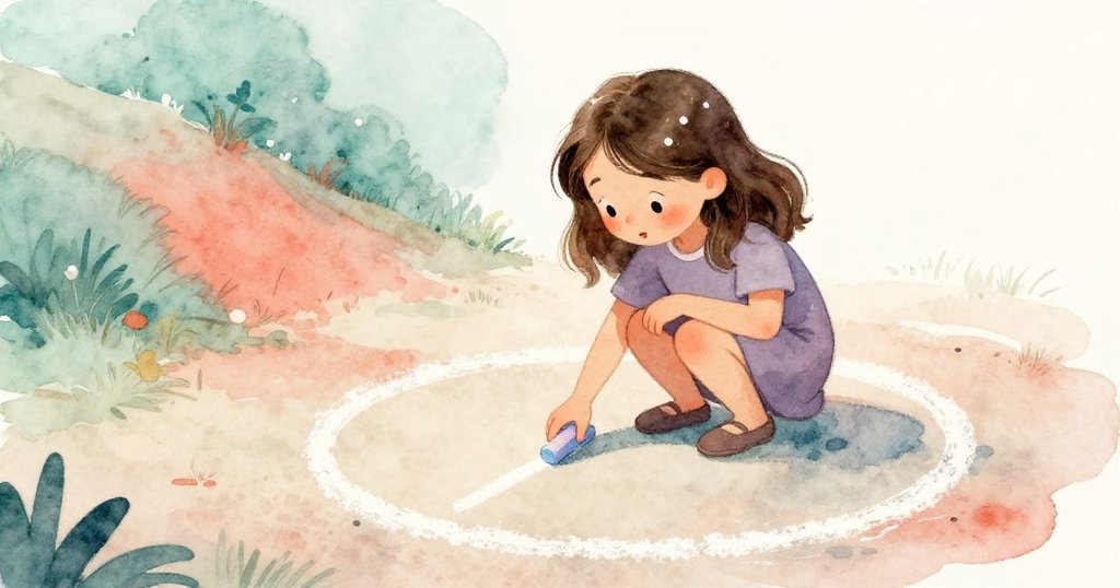 Pearl蹲下專心用彩色粉筆劃圈,背景山坡柔光映襯,展現早晨創意與寧靜氛圍。