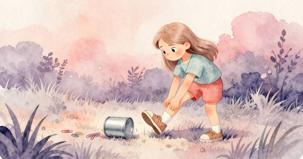 Luna在草叢隱蔽處迅速阻擋滾動的小鐵盒,紙夾散落,晨光中顯出堅定與細膩場景。