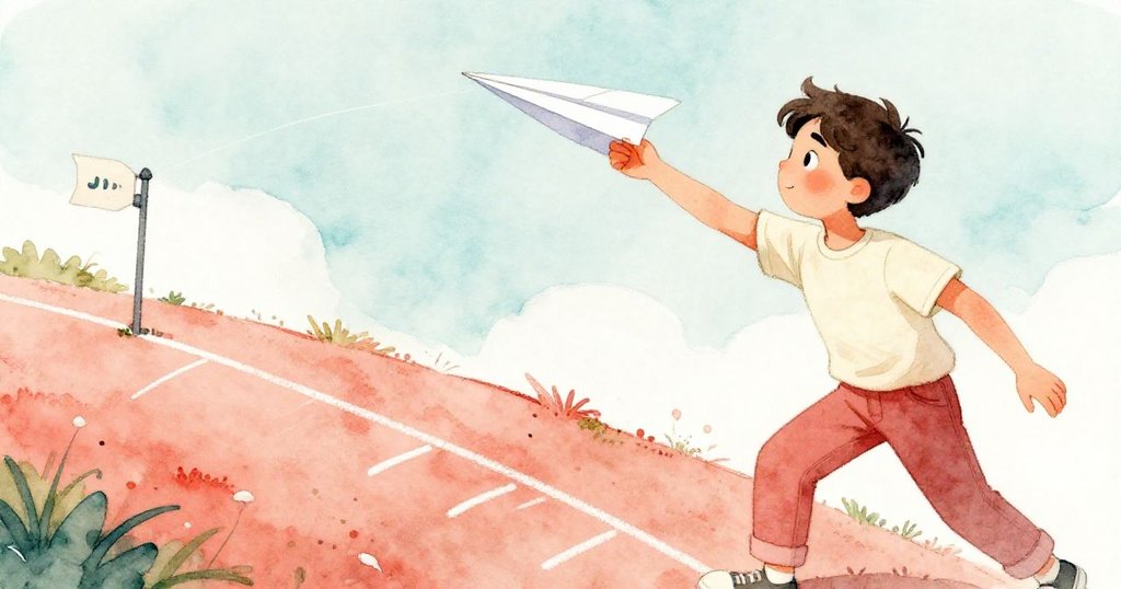 Grant在坡中奮力發射紙飛機,飛機劃過粉筆圈後撞上風柱,動作充滿挑戰與活力。