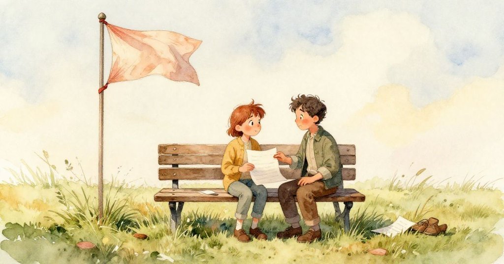 陽光高照,空置長椅上紙夾繞著粉筆圈緩慢滾動,展現活動後寧靜結局與場景廣闊感。